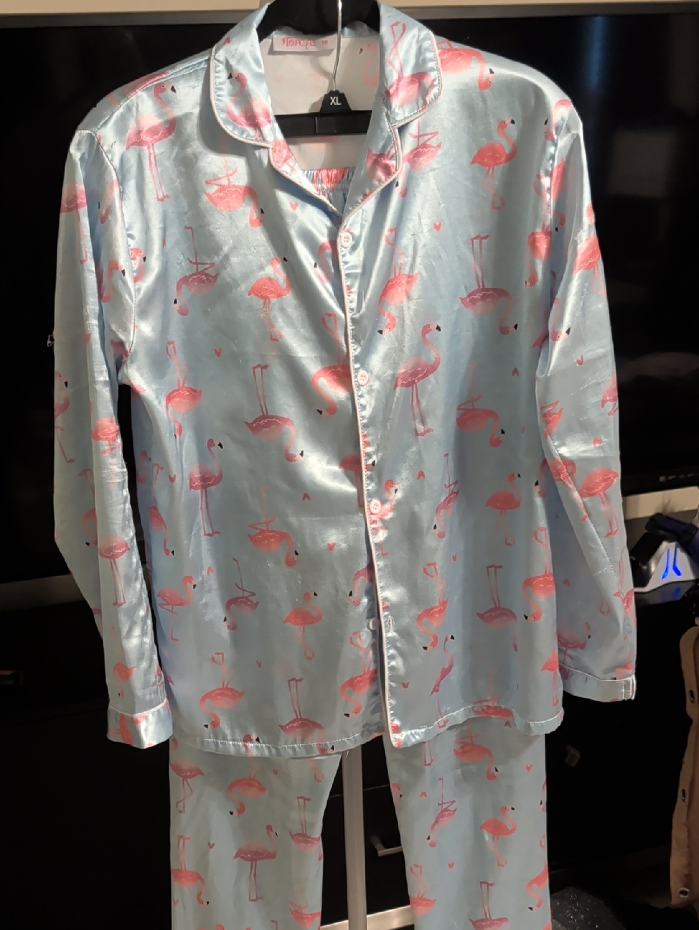 Silky Light Blue Button Down Flamingo Kids Pajama Set
